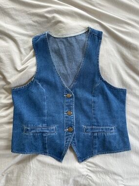 Denim Button Front Vest in Classic Blue